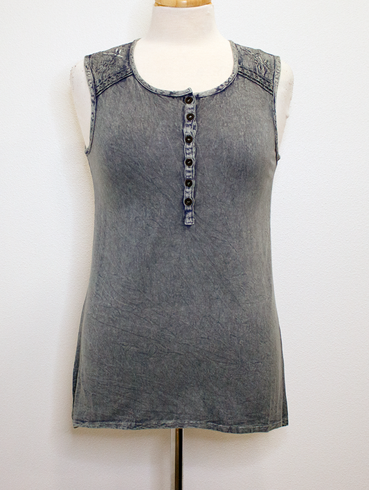 Embroidered Henley Tank in Blue