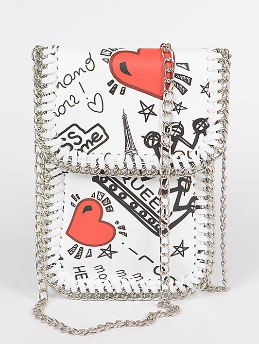 Heart Graffiti Chain Mini Bag in White