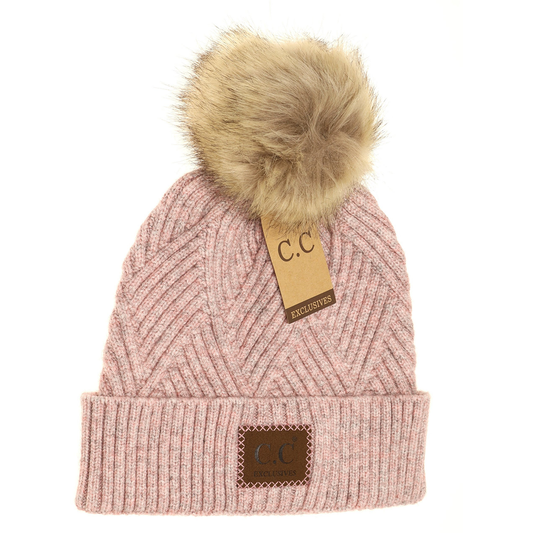 Large Patch Heathered Pom Beanie in Rose