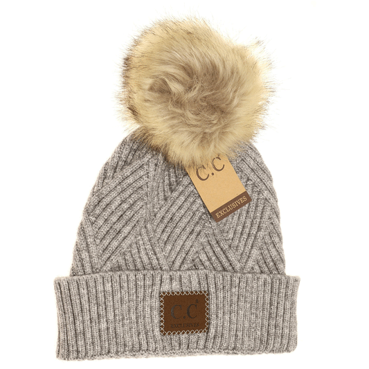 Large Patch Heathered Pom Beanie in Lt. Grey