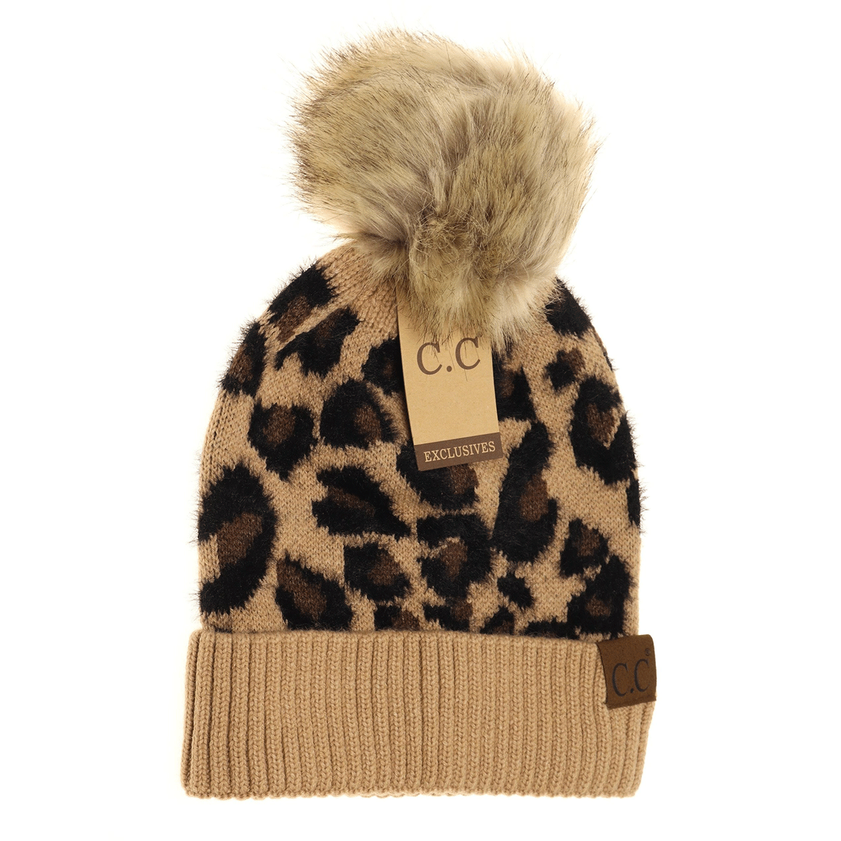 Leopard Pom Beanie in Latte