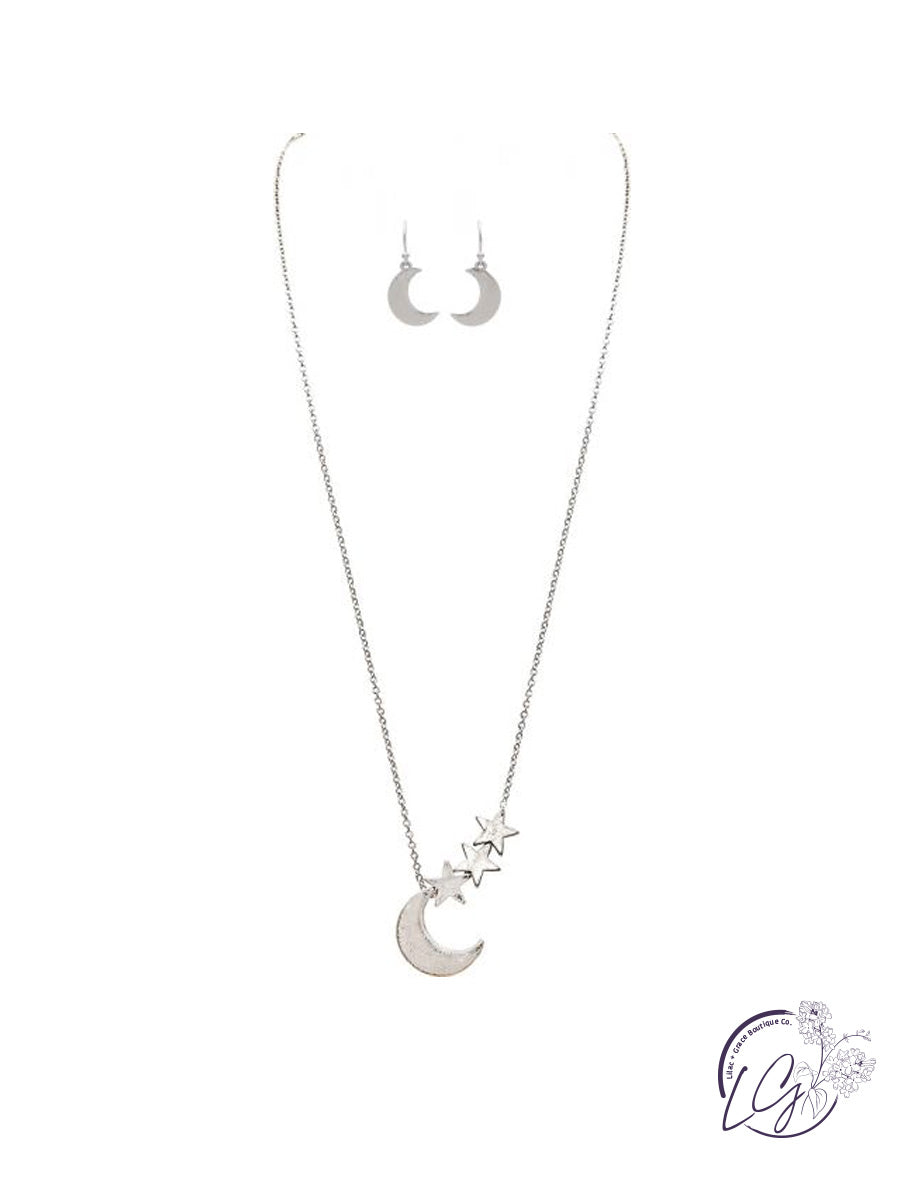 Silver Triple Star Moon Necklace Set