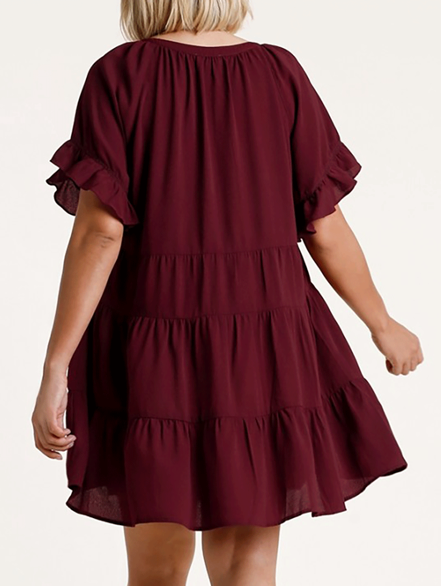 Curvy Falling in Love Tiered Dress in Burgundy