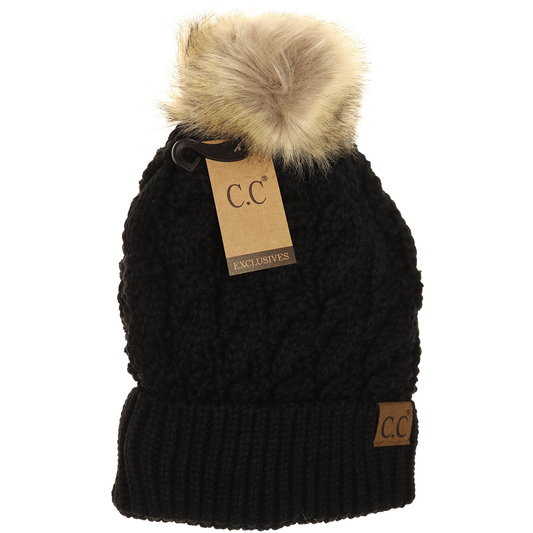 Ribbed Cable Knit Fur Pom Beanie in Black