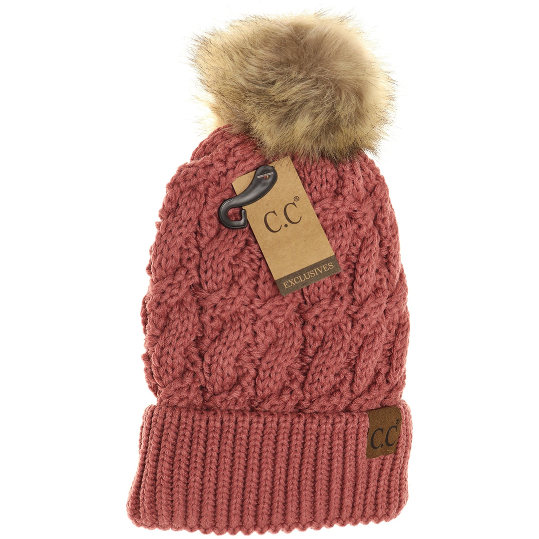 Ribbed Cable Knit Fur Pom Beanie in Mauve