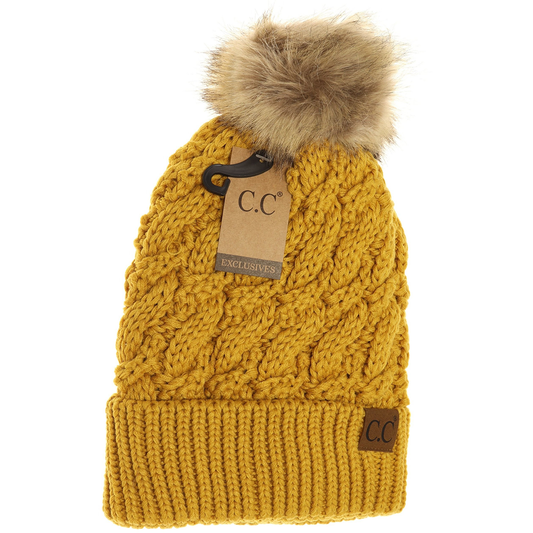 Ribbed Cable Knit Fur Pom Beanie in Mustard