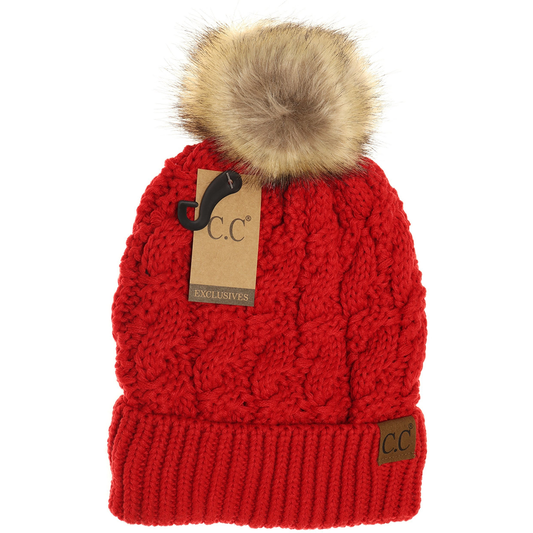 Ribbed Cable Knit Fur Pom Beanie in Red