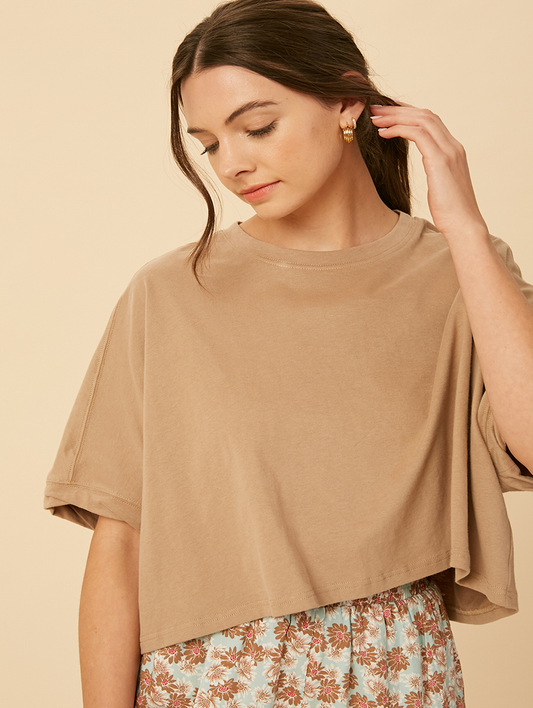 Let's Stay In Cropped Tee in Mocha