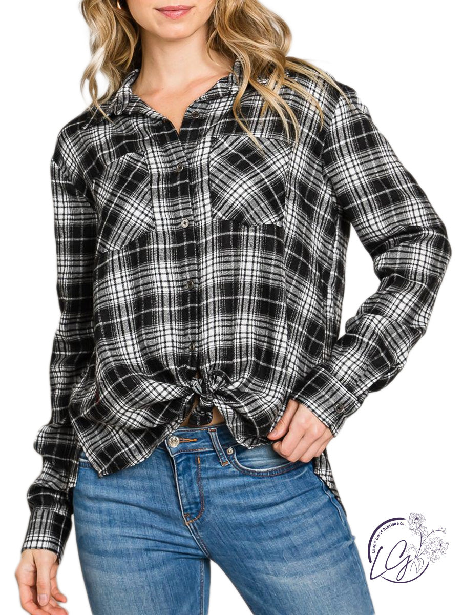 Soft Plaid Button-Down Shirt with Bust Pockets