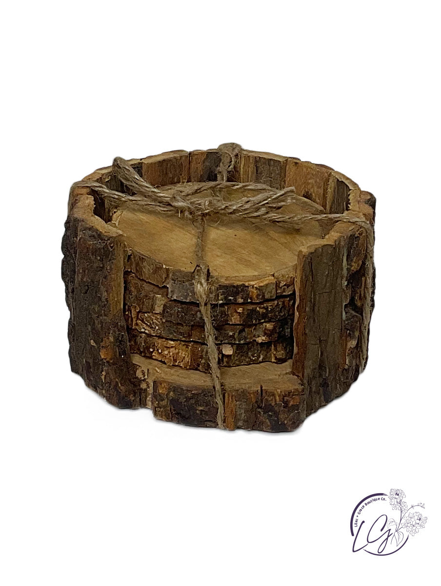 Wood Bark Round Coasters With Bark Caddy