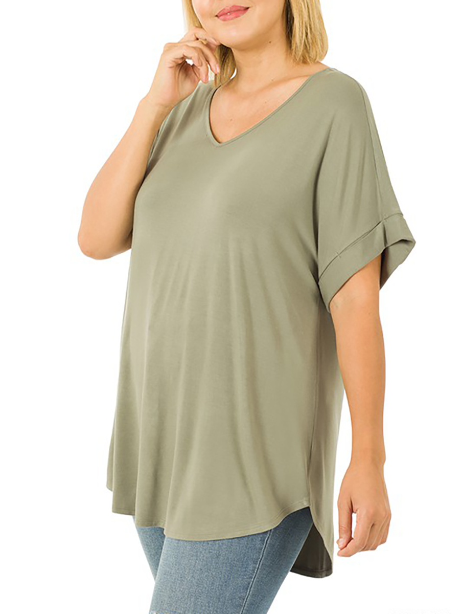 Curvy Must Have V-Neck Cuffed Sleeve Tee