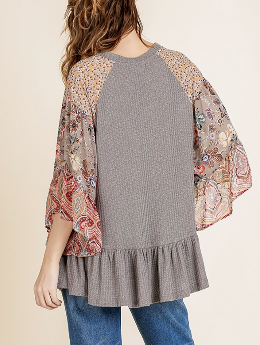 One Day at a Time Floral Top in Mocha Grey