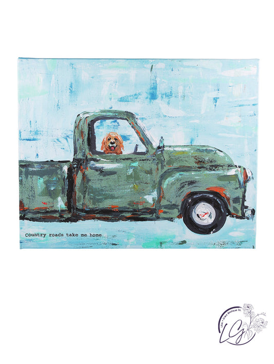 Dog in Green Truck Canvas