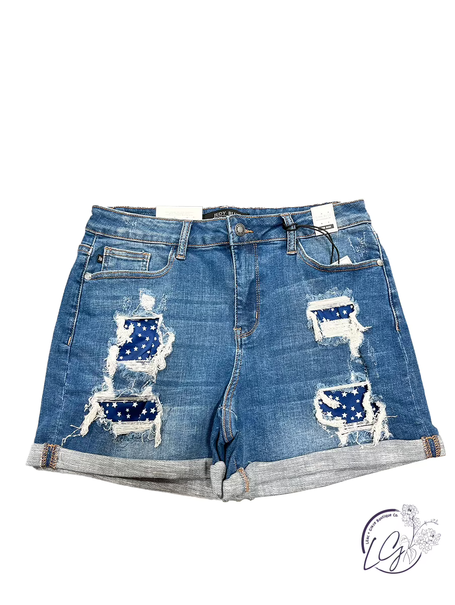 Amber Mid-Rise Star Patch Shorts by Judy Blue