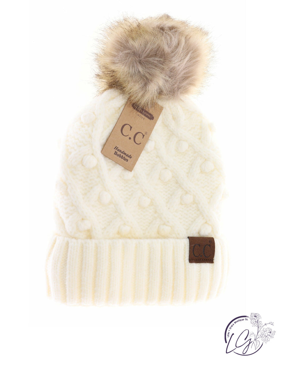 Bobble Knit Fur Pom CC Beanie