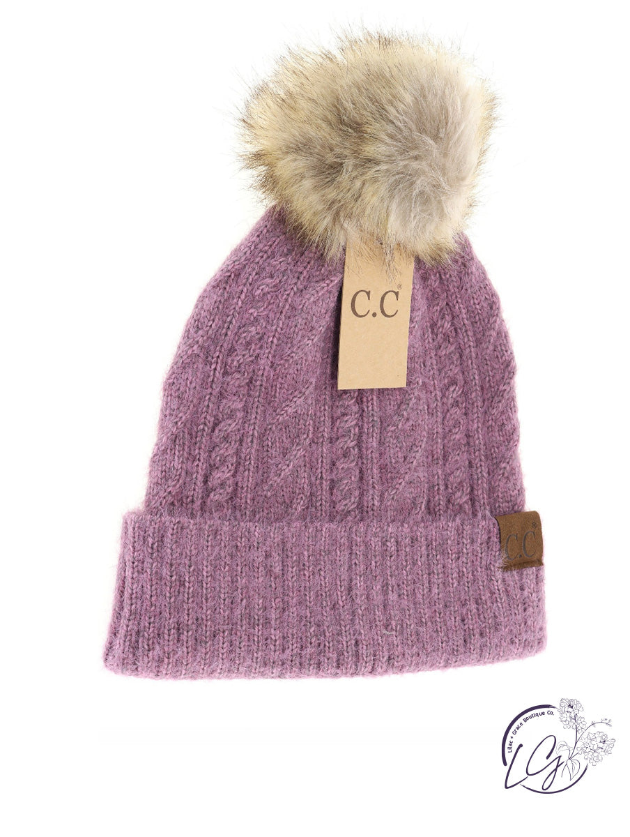 Soft Cuff Cable Knit Fur Pom CC Beanie