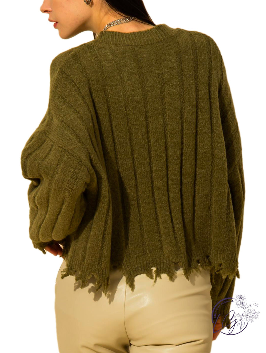 Kind hearted rib-knit frayed hem sweater.