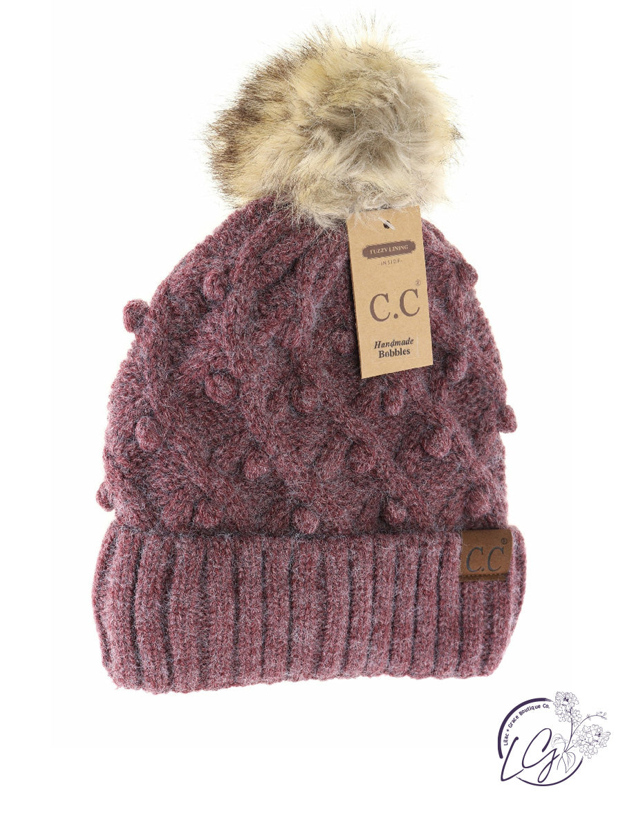 Bobble Knit Fur Pom CC Beanie