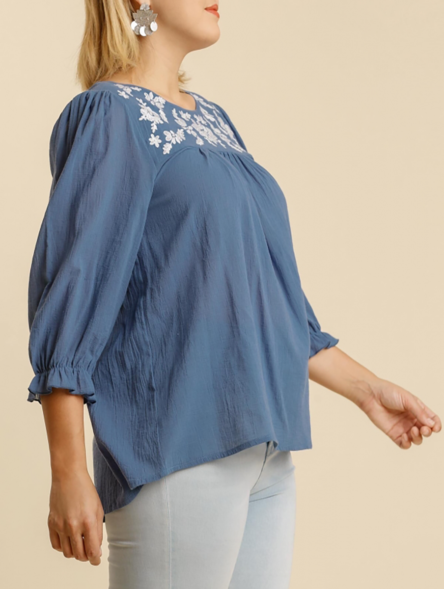 Curvy Let's Find Out Embroidered Top in Denim