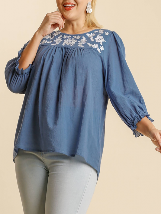 Curvy Let's Find Out Embroidered Top in Denim